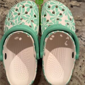 CROCS Mint Green and White Floral Clogs